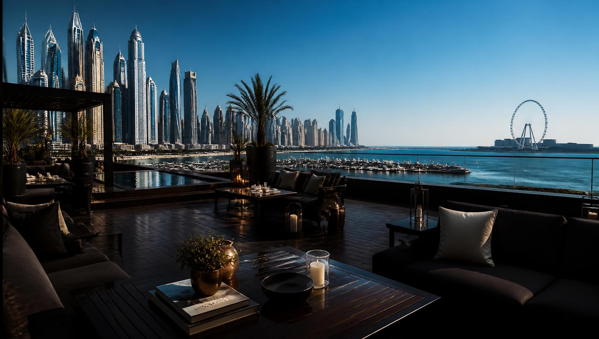 Private rooftop lounge overlooking the Dubai marina skyline